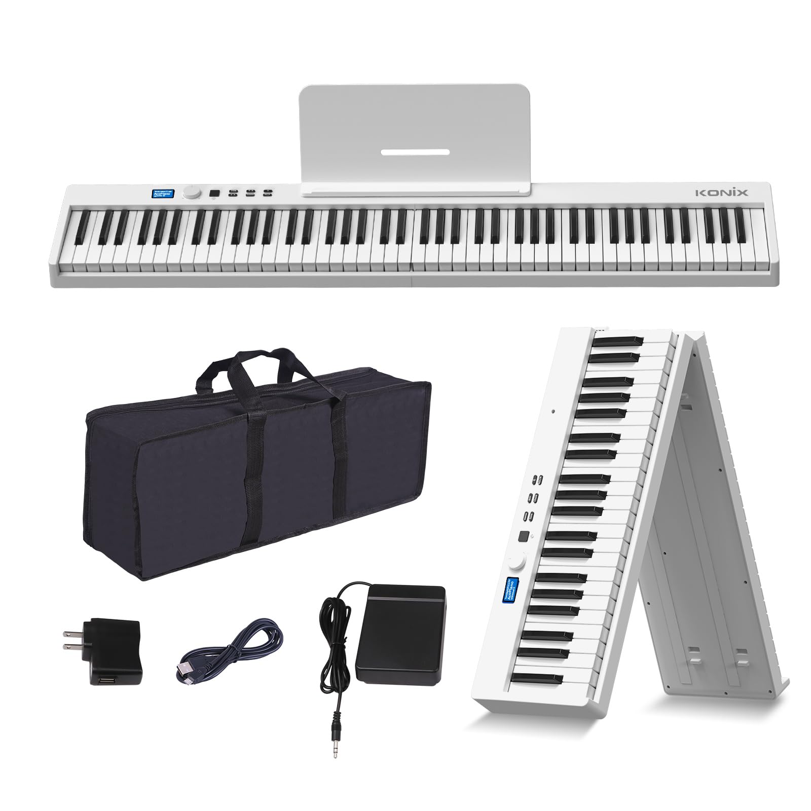 KONIX 88 Key Folding Piano Keyboard - Full Size Semi Weighted Portable Electric Piano with Bluetooth, Sheet Music Stand, Sustain Pedal & Carrying Bag (White) | Perfect for Home Practice, Travel & Stage Performances