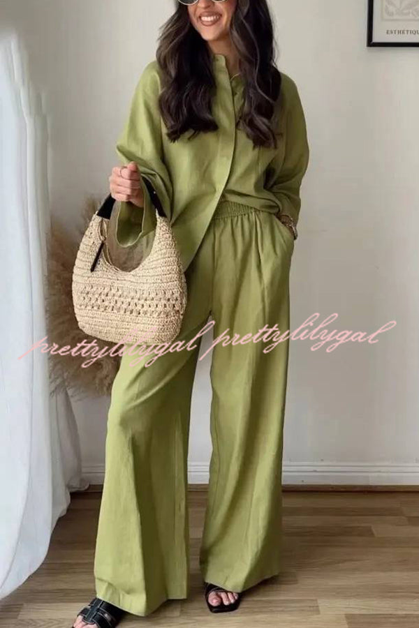 Solid Color Loose Casual Shirt & Elastic Waist Pocket Wide Leg Pants Set for Women - Comfortable Outfit for Work, Travel and Everyday Wear
