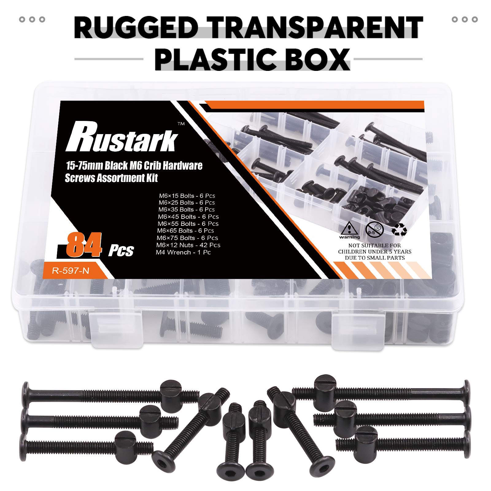 84-Piece M6 Black Hex Socket Cap Bolts Kit (15-75mm) for Baby Cribs & Furniture