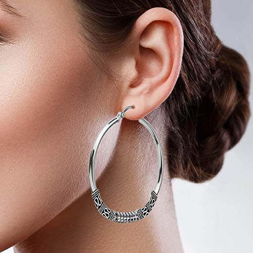 LeCalla 925 Sterling Silver Large Hoop Earrings for Women | Lightweight Antique Bali Hoops | Two-Tone Bohemian Oxidized Balinese Dangle Earrings | Perfect for Boho Chic, Festival, Wedding & Everyday Wear