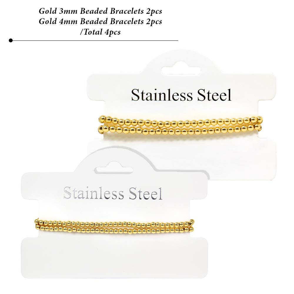 SM Stainless Steel Gold Silver Rose Gold Beaded Ball Bracelets 4PCS Set for Women - Stretchable Elastic Bracelet (4mm+3mm) - Perfect for Casual Wear, Parties & Gifts