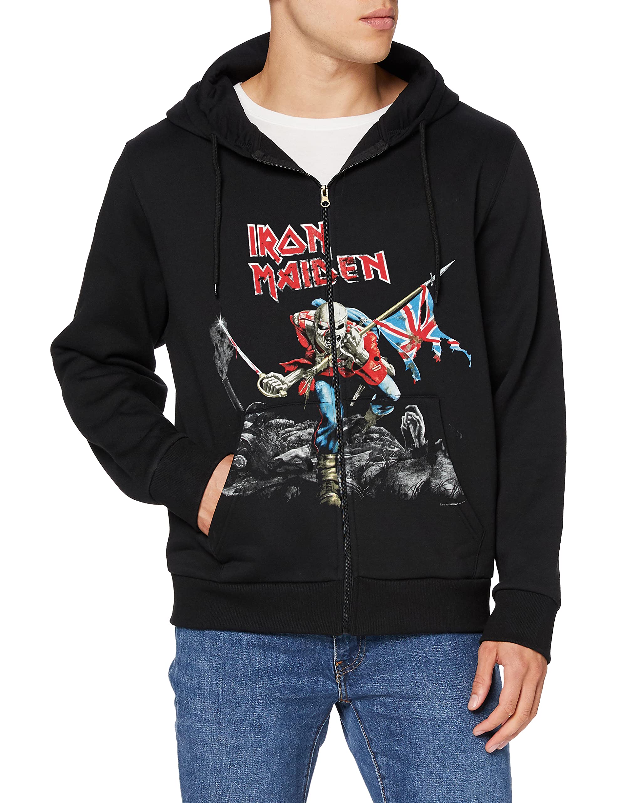 Iron Maiden Scuffed Trooper Zip Hoodie for Men & Women - Black Heavyweight Pullover with Front Pockets | Perfect for Concerts, Rock Festivals & Casual Streetwear