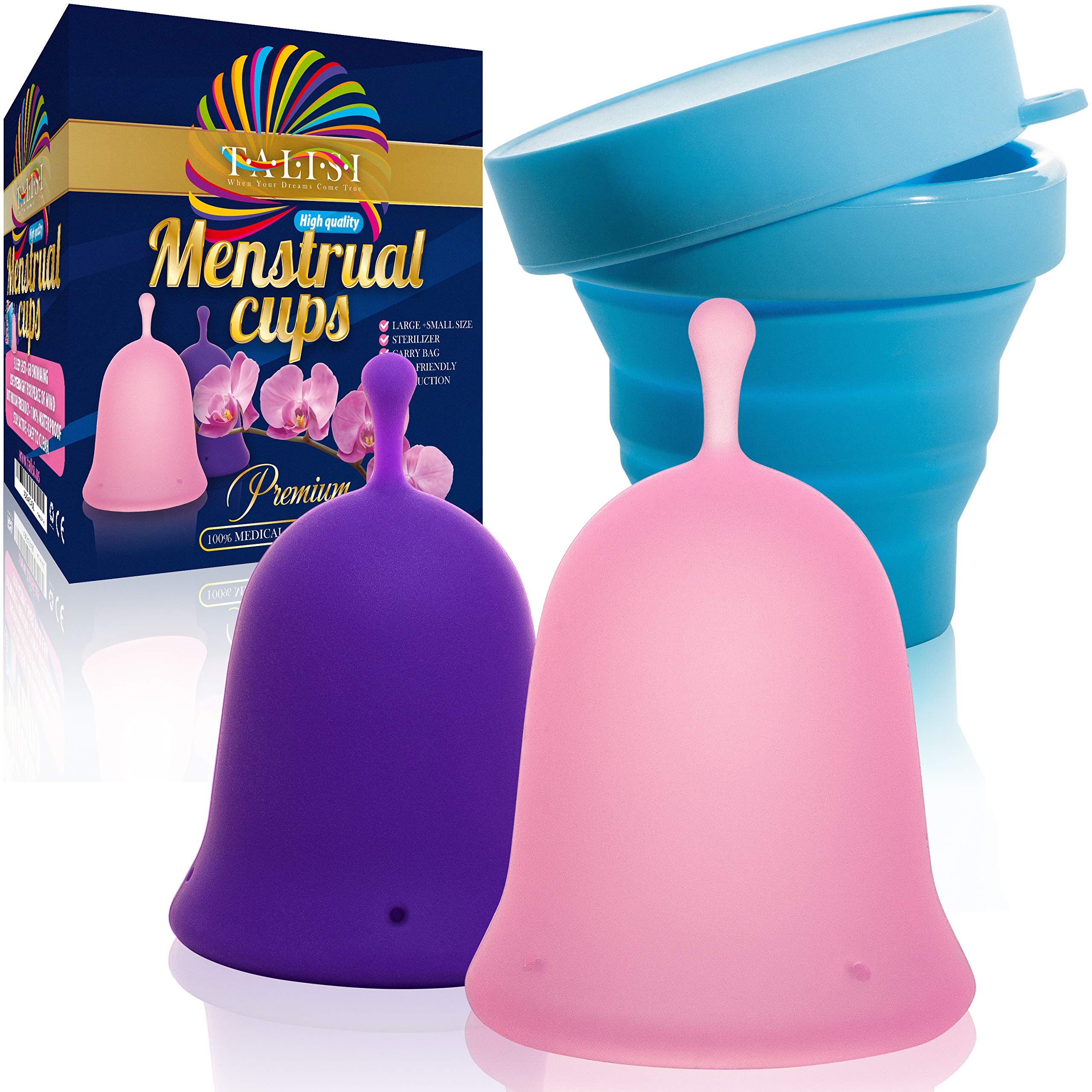 **Talisi Reusable Menstrual Cups Set of 2 - Soft & Flexible Silicone Period Cup for Women - Small & Large Sizes for Heavy & Light Flow - Includes Collapsible Sterilizer - Eco-Friendly Tampon & Pad Alternative - Perfect for Travel, Gym & Active Lifestyles**