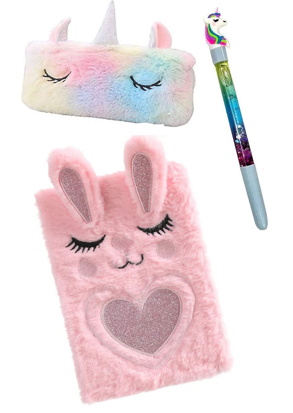 ALMOSTHERE® Unicorn Stationery Set - A5 Lock Diary with 240 Pages, Fur Pouch, Pens & Pencils | Best Educational Gift for Girls | Birthday Return Gifts, School Supplies, Journaling & Creative Writing (3-Piece Multicolor Unicorn Combo)