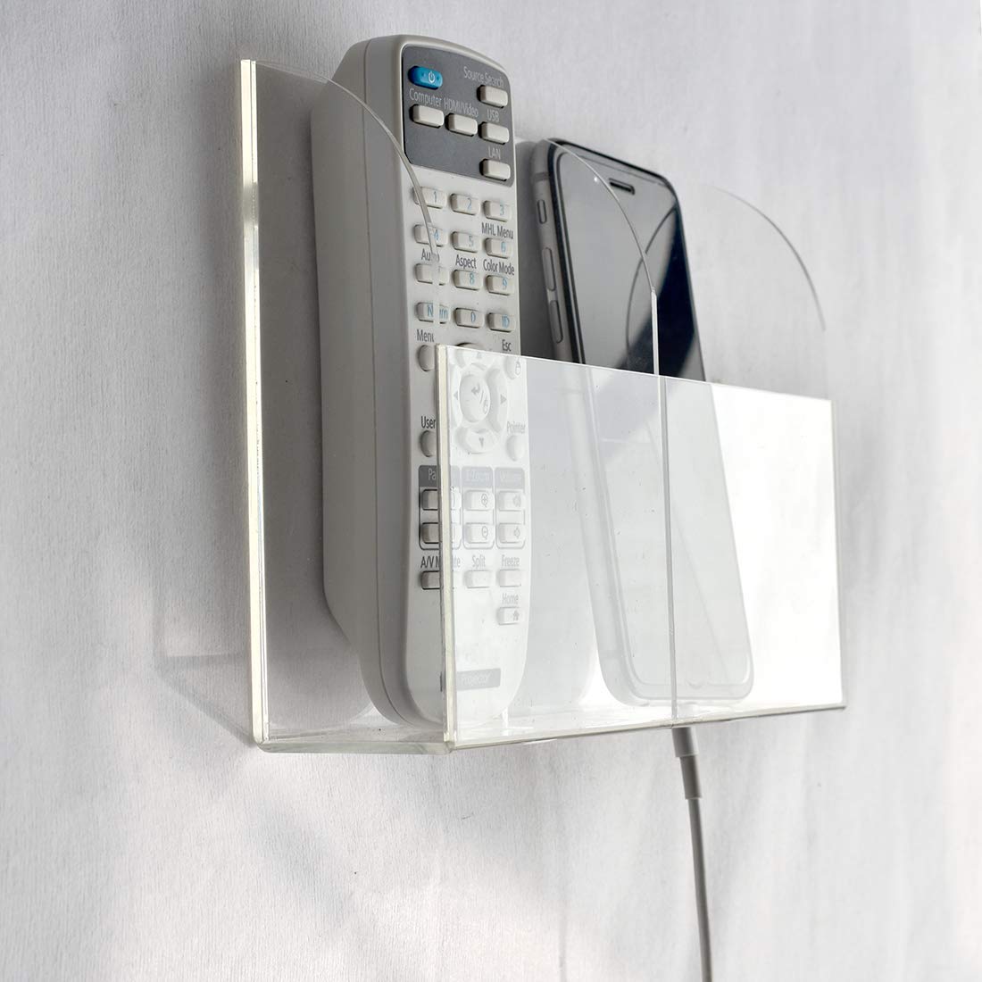 Clear Wall Mounted Phone Charging Station - Universal Smartphone & TV Remote Holder with 2 Holes - Perfect for Bedroom, Kitchen, Office Organization & Cord Management