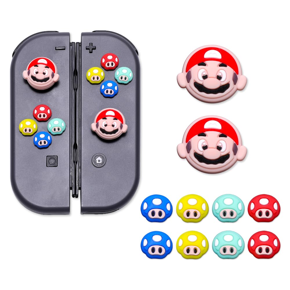 PERFECTSIGHT Mushroom D-Pad Button Caps & Silicone Thumb Grips Set for Nintendo Switch/Switch OLED - Cute ABXY Key Buttons Sticker & Joystick Cover Caps for Mario Fans | Gaming Accessories for Enhanced Comfort & Grip During Play