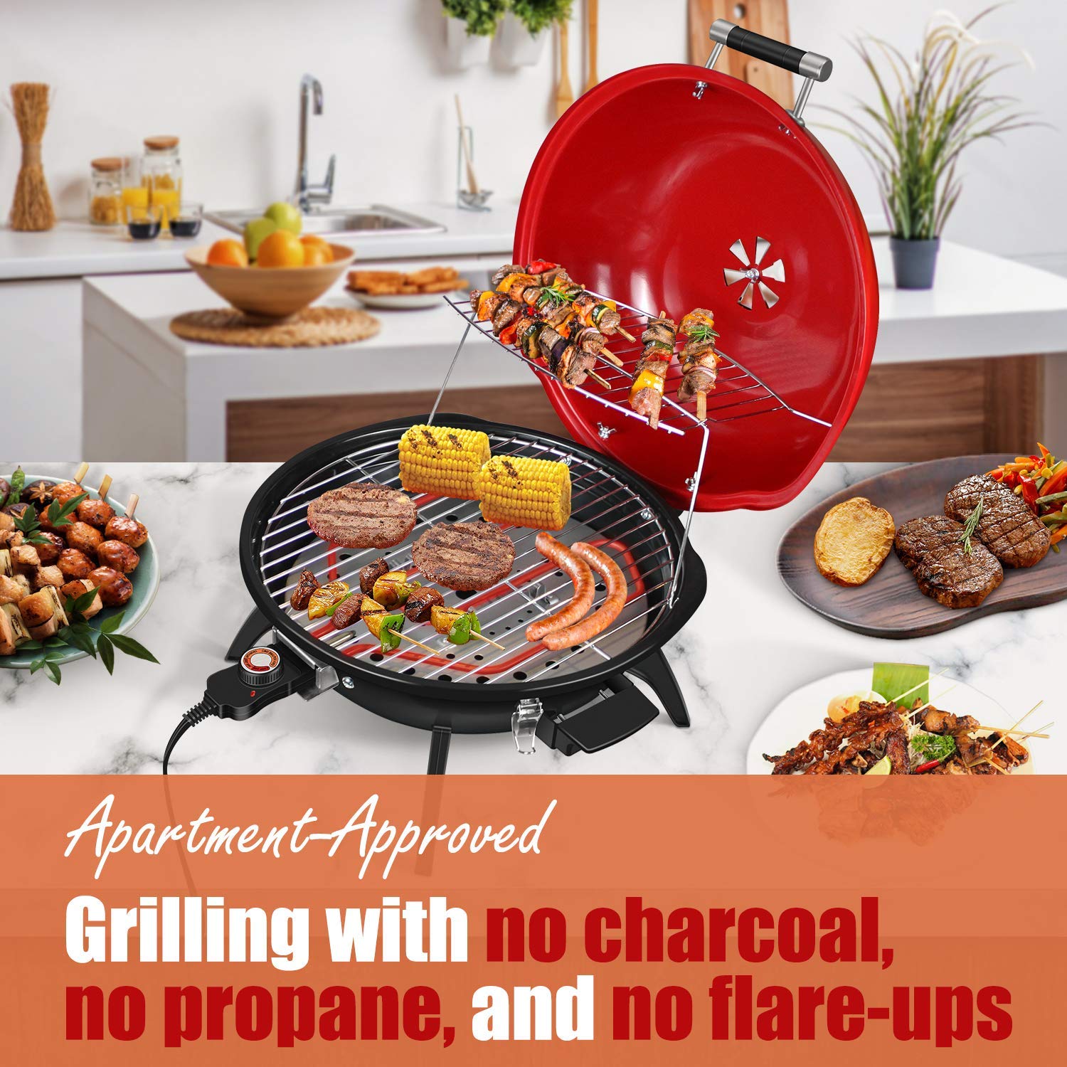 Techwood 1600W Electric BBQ Grill - Indoor & Outdoor Portable Countertop Grill with Double Layer Design & Removable Stand - Perfect for Patio, Camping, and Backyard BBQs (15-Serving Capacity)