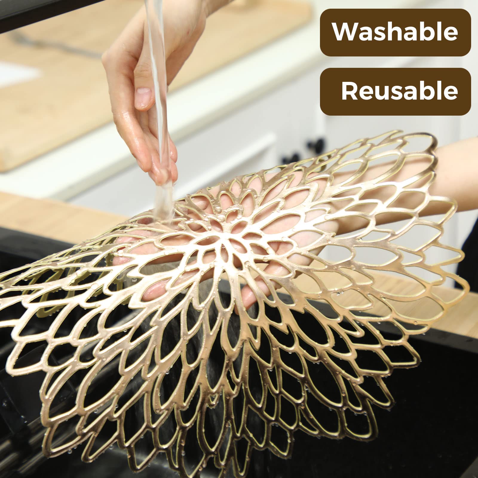 100-Piece Gold Round Pressed Vinyl Placemats Set - Metallic Hollow-Out Leaf & Flower Design - Elegant Table Mats for Wedding, Holiday Party, Reception - Durable & Decorative for Home, Kitchen, Dining Table (Perfect for Christmas, Thanksgiving & Special Occasions)