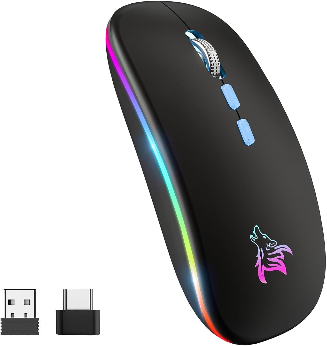 KBCASE Wireless Rechargeable RGB Bluetooth Mouse with Dual Modes (Bluetooth 5.1 & 2.4G) - USB/Type-C Receiver for Windows, Mac, Android, iPad, PC, Laptop - Perfect for Gaming, Office Work & Remote Learning
