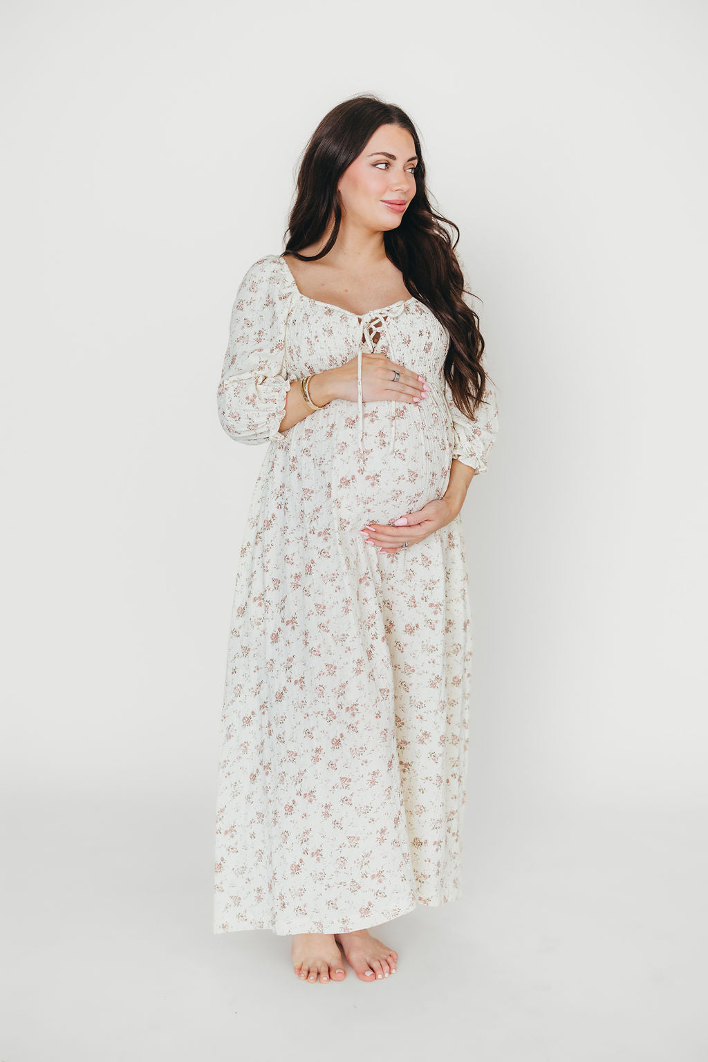 100% Cotton Smocked Maxi Dress for Women - Ivory/Mauve Floral Print | Bump Friendly Maternity Dress | Perfect for Summer, Beach Vacations & Special Occasions
