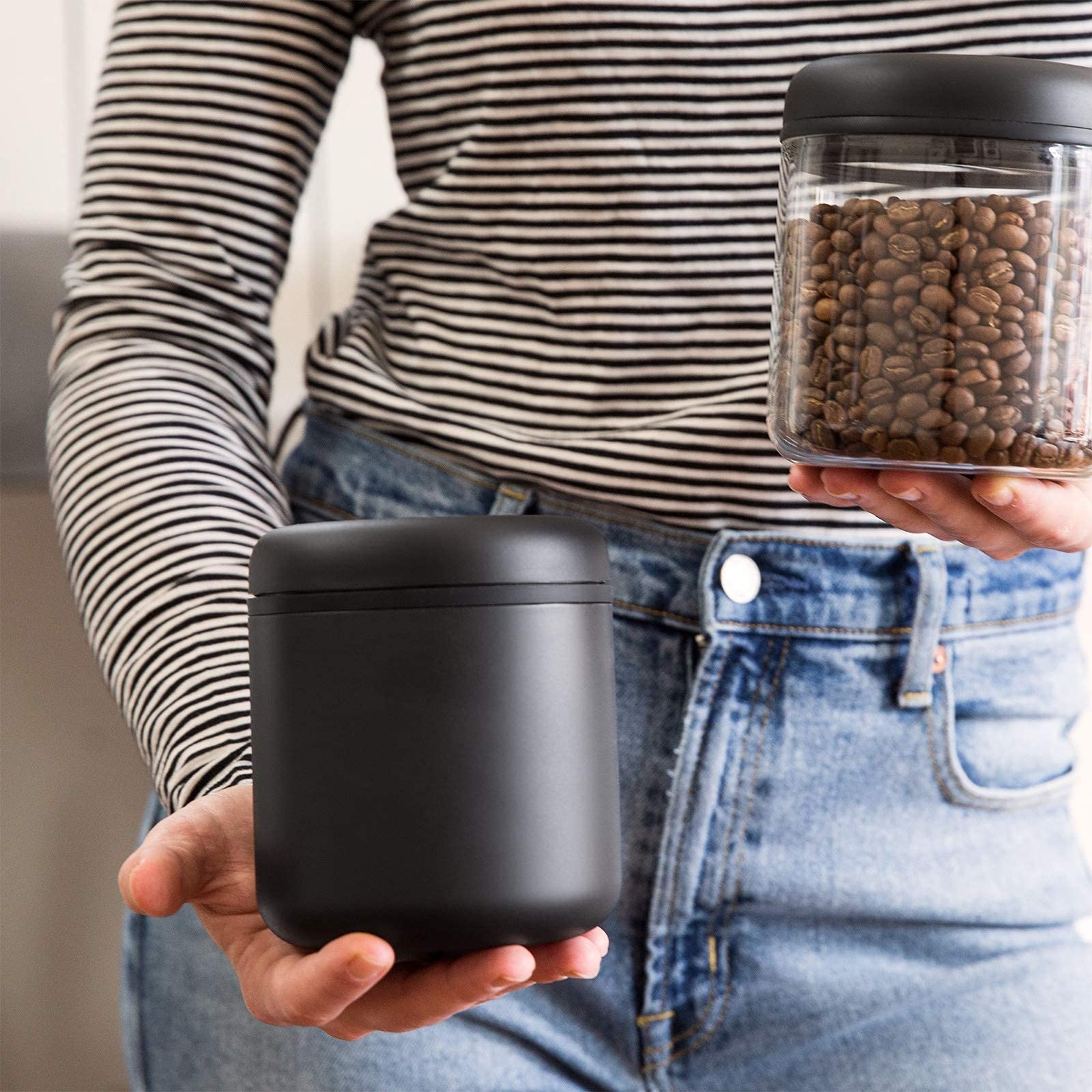 Fellow Atmos Vacuum Coffee Canister & Airtight Food Storage Container - 0.7L (11oz) Coffee Bean Keeper - Matte Black - Perfect for Kitchen, Pantry & Fresh Coffee Storage