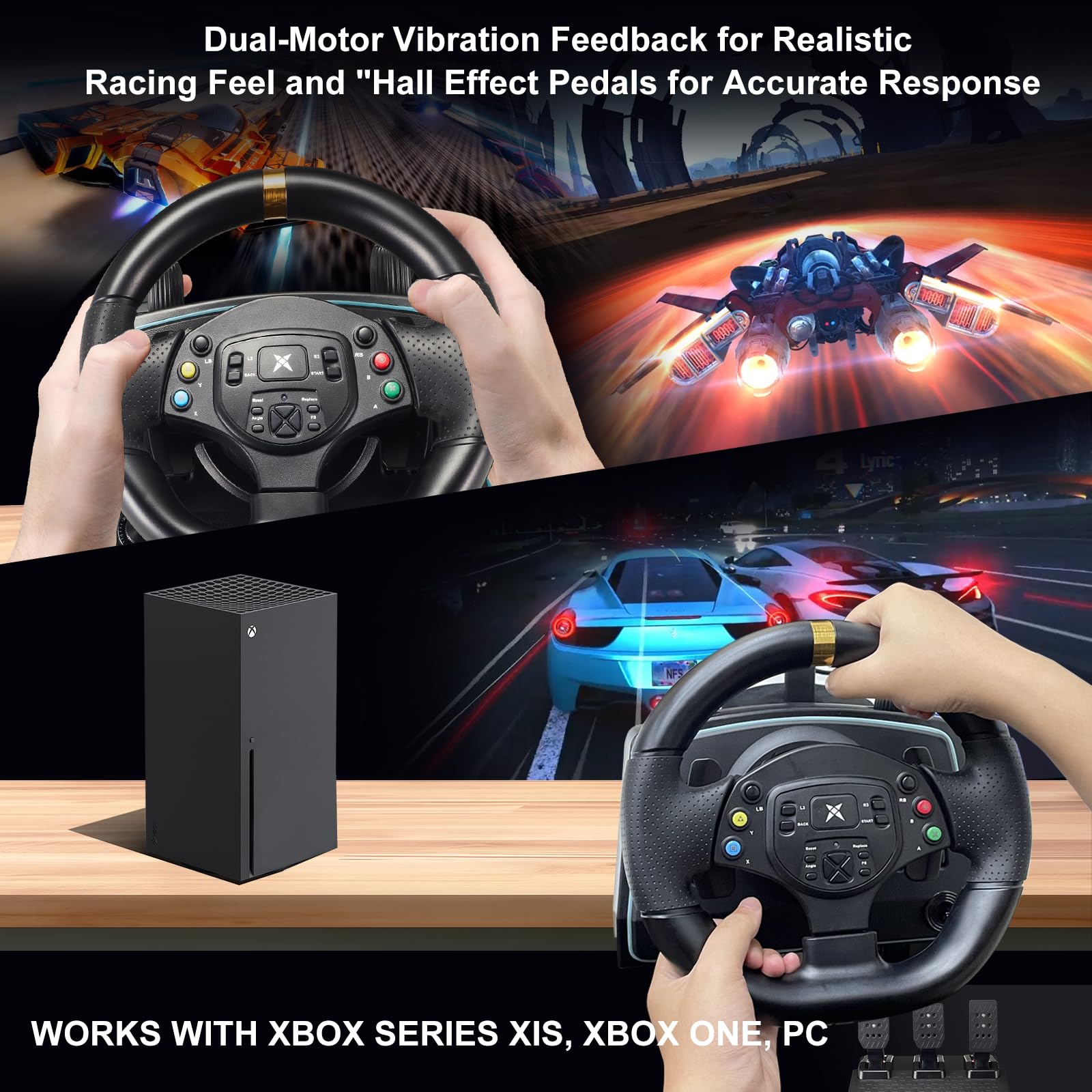 NBCP Xbox One Racing Wheel with Hall Effect Pedals - 900°/1080° Rotation, Dual-Motor Force Feedback - Compatible with Xbox Series X|S, Xbox One, Nintendo Switch & PC - Perfect for Racing Games & Simulation Driving