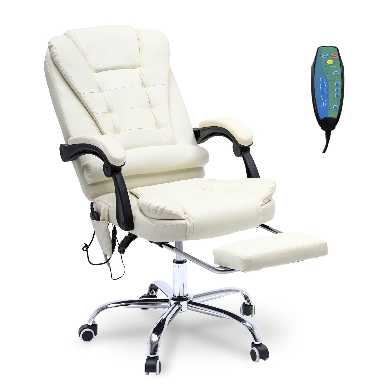 Ergonomic Reclining Office Chair with Massage & Heat - PU Leather Executive Computer Chair with Adjustable Footrest, Padded Armrest & High Back Support - Perfect for Home Office, Gaming & Study (White)