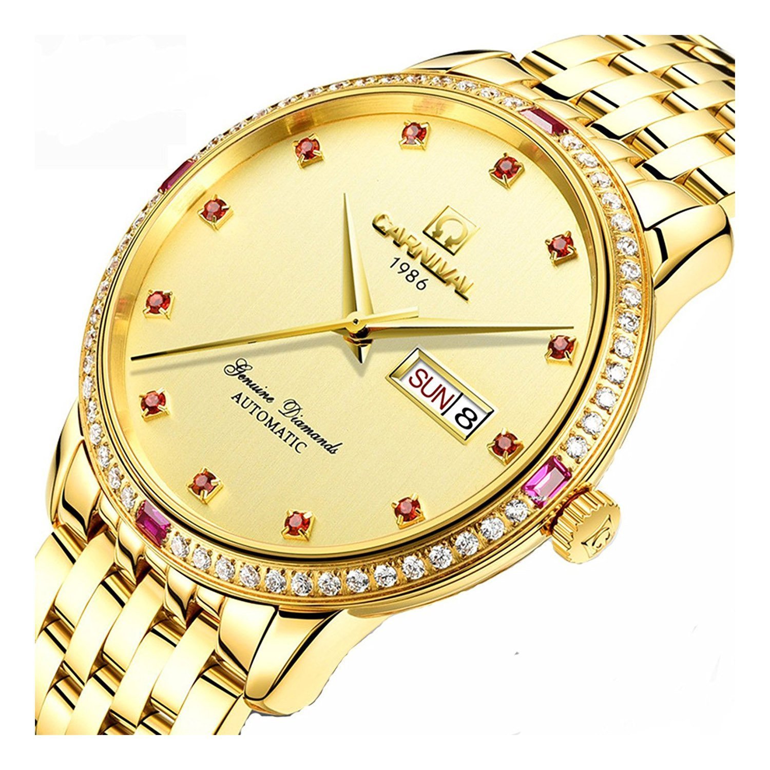 Men's Automatic Mechanical Watch with Calendar - Gold Stainless Steel, Diamond Accents, Waterproof (50M) | Perfect for Formal Events, Business Meetings & Luxury Gifts
