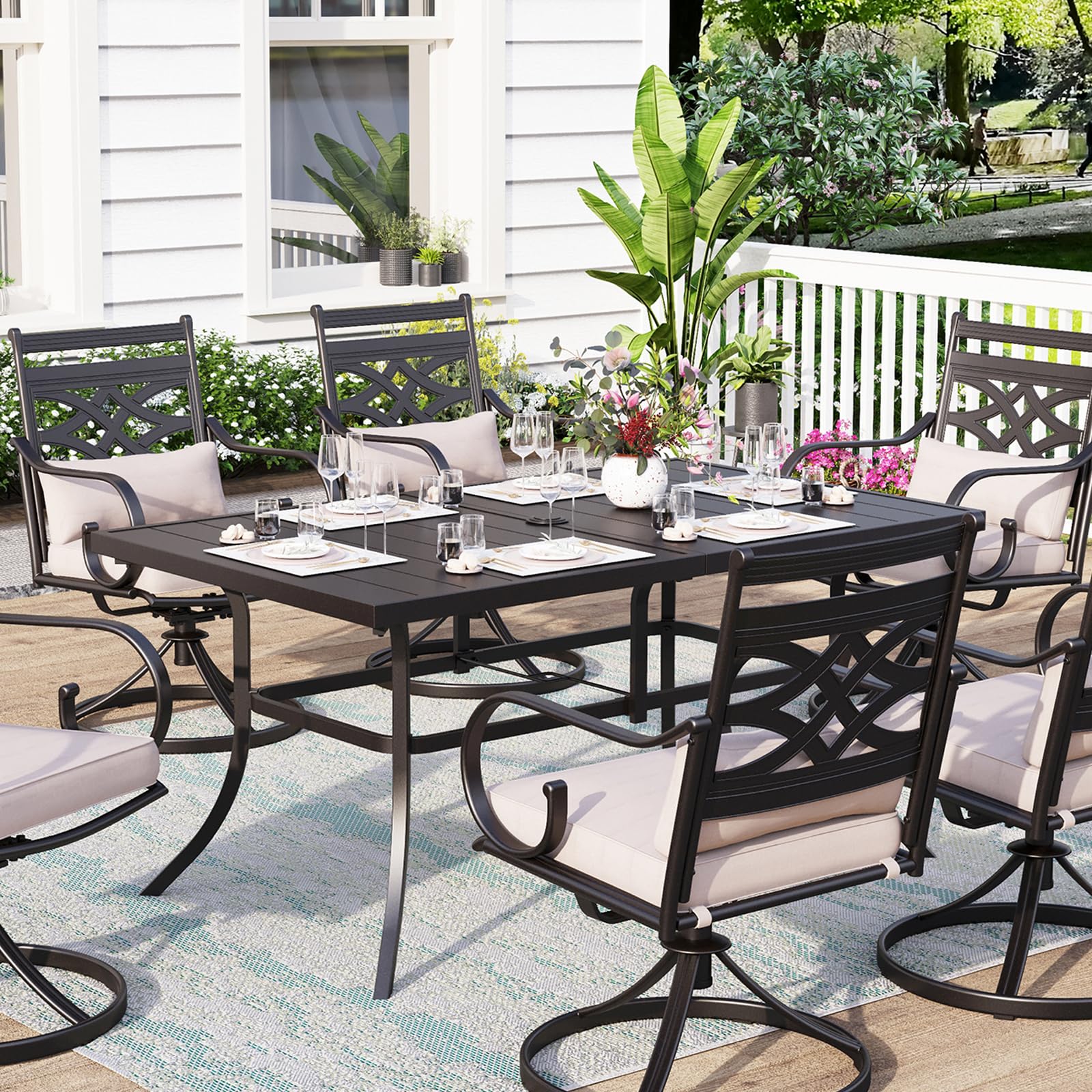 MFSTUDIO 6-Person Outdoor Patio Dining Table - Weatherproof Rectangle Metal Table with Adjustable Umbrella Hole - Perfect for Backyard, Garden, Poolside & BBQ Gatherings - Black