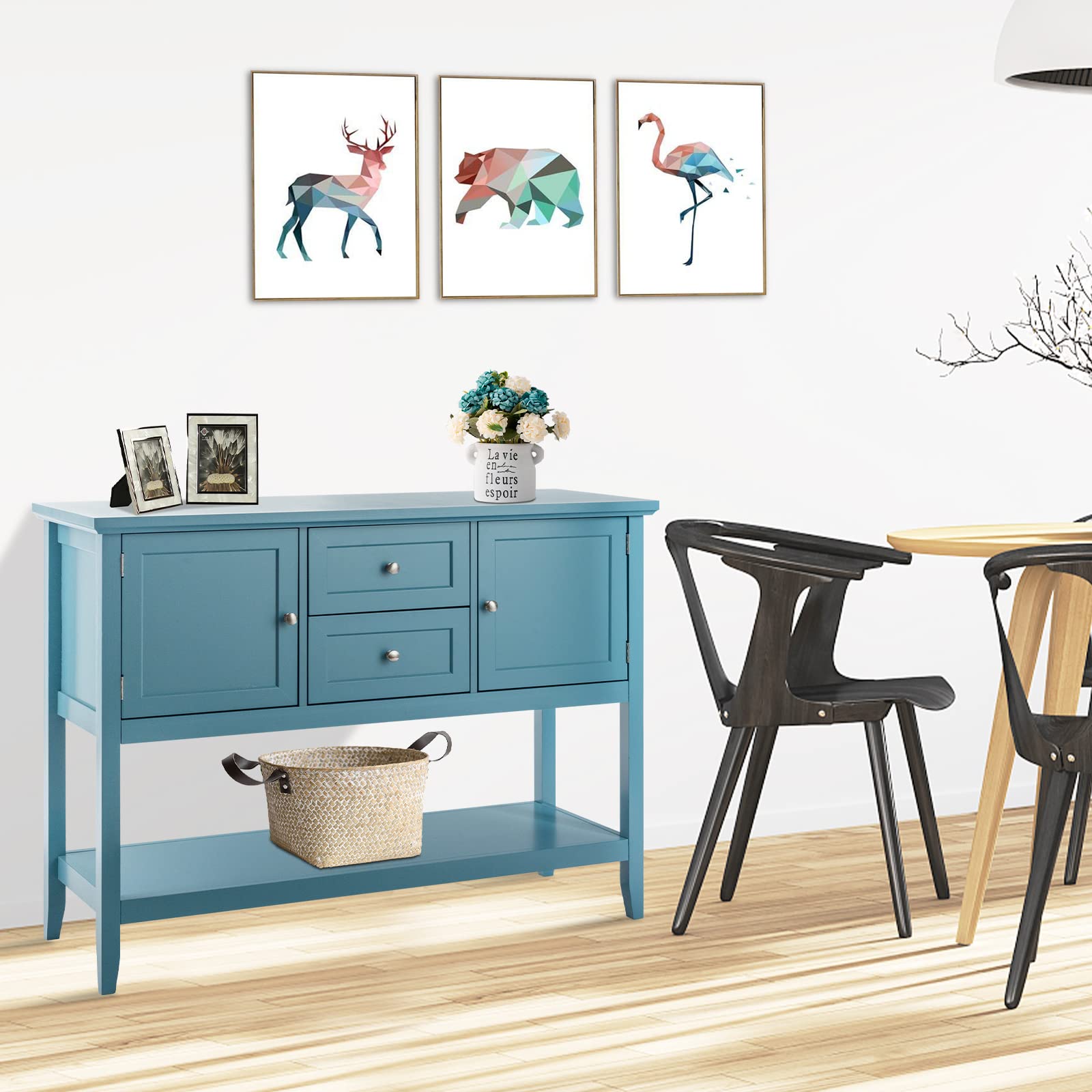 COSTWAY Buffet Sideboard with 2 Wood Storage Drawers & Open Shelf | Modern Console Table for Living Room, Kitchen & Dining Room Furniture | Blue Storage Cabinet for Home Organization & Entertaining