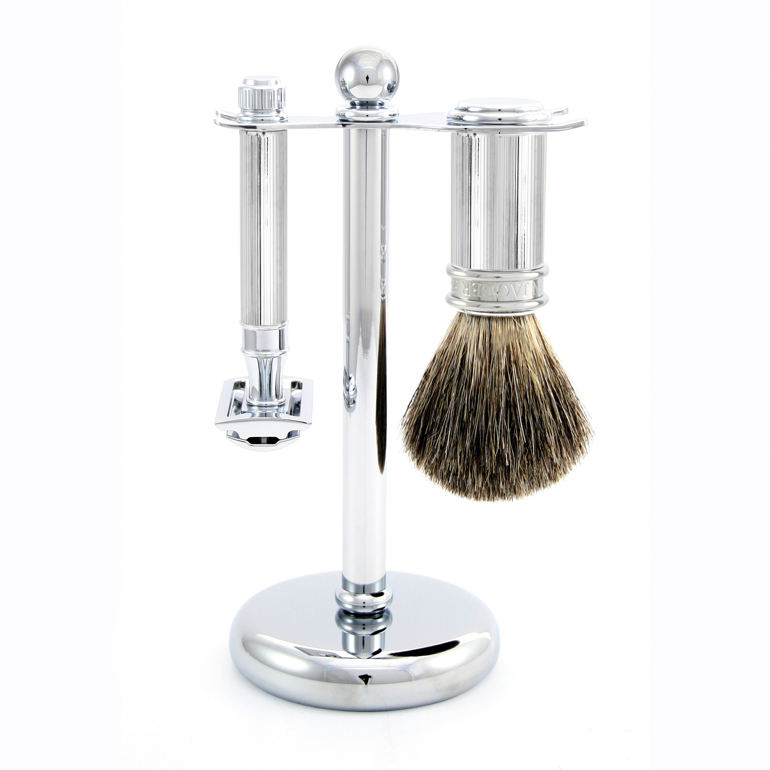 Edwin Jagger 3-Piece Chrome Plated Safety Razor Set for Men - Classic Wet Shaving Kit with Stand, Brush & Blades - Perfect Gift for Grooming Enthusiasts | Home & Travel Use