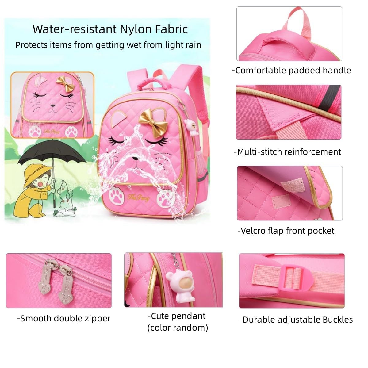 Cute Cat Face Rolling Backpack for Girls - Pink 6-Wheel Trolley School Bag with Bowknot | Kids Travel Luggage & Carry-On for School, Airplane, and Daily Use