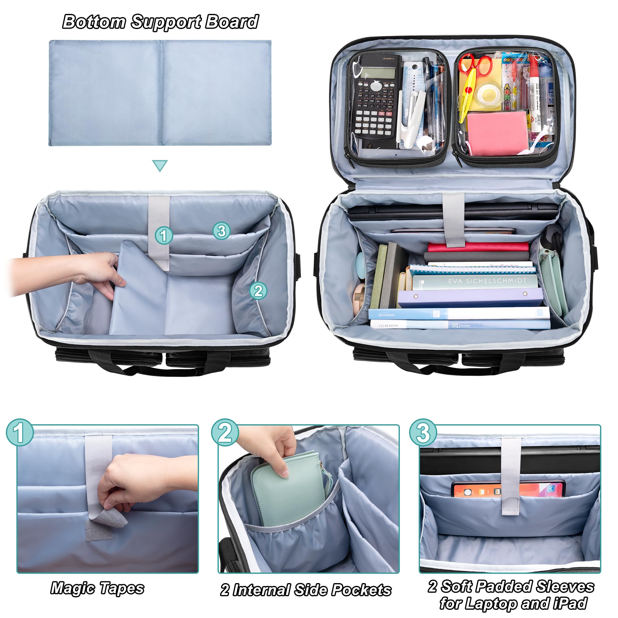CURMIO Rolling Teacher Tote Bag with Padded Laptop Compartment for 15.6 Inch Laptop - Wheeled Teacher Bag for Teaching, Office, Craft Supplies - Black - Perfect for Educators, Professors and Traveling Professionals