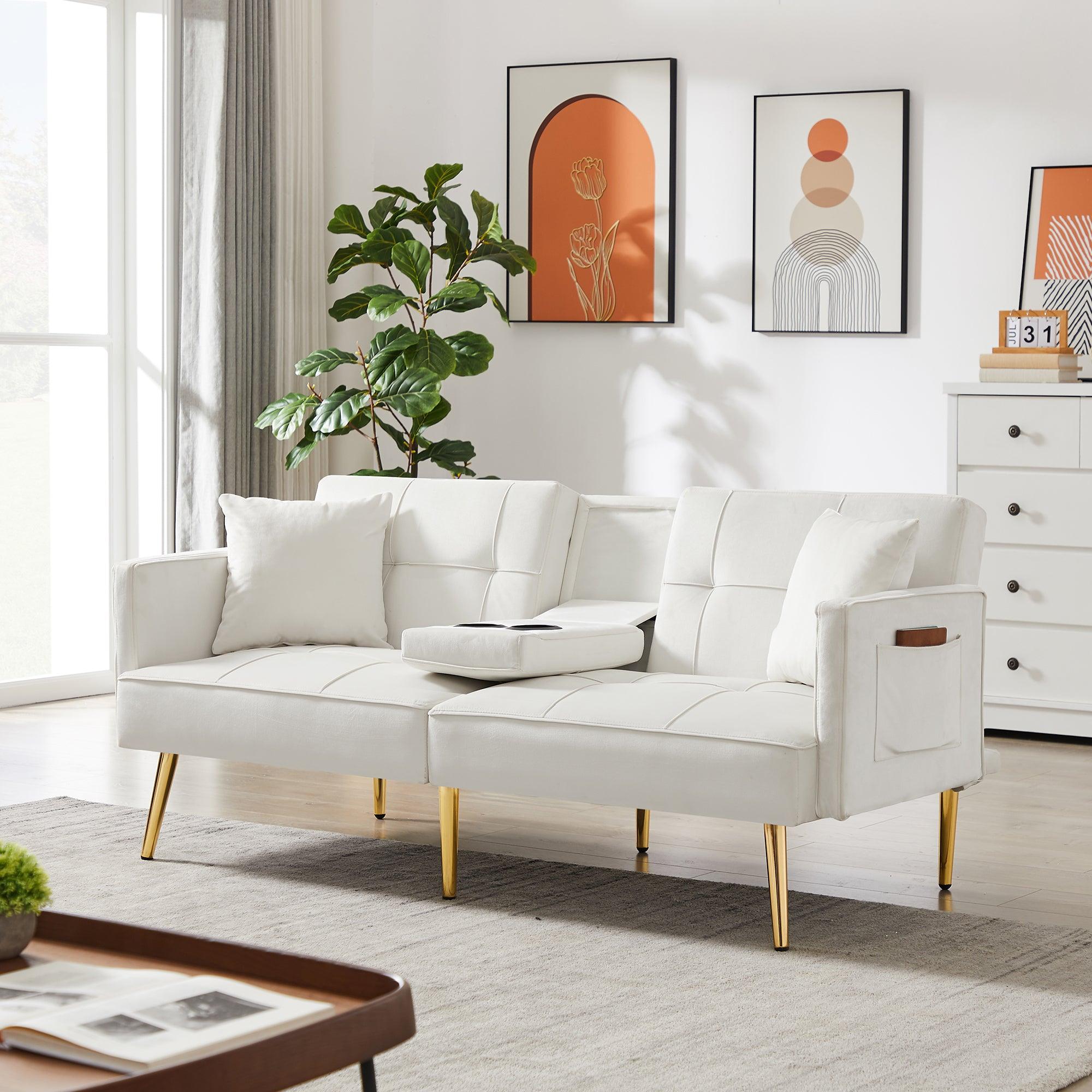 Cream White Velvet Futon Sofa Bed with Gold Metal Legs - Convertible Sleeper for Small Spaces, Living Room & Guest Room | Modern Comfort & Style