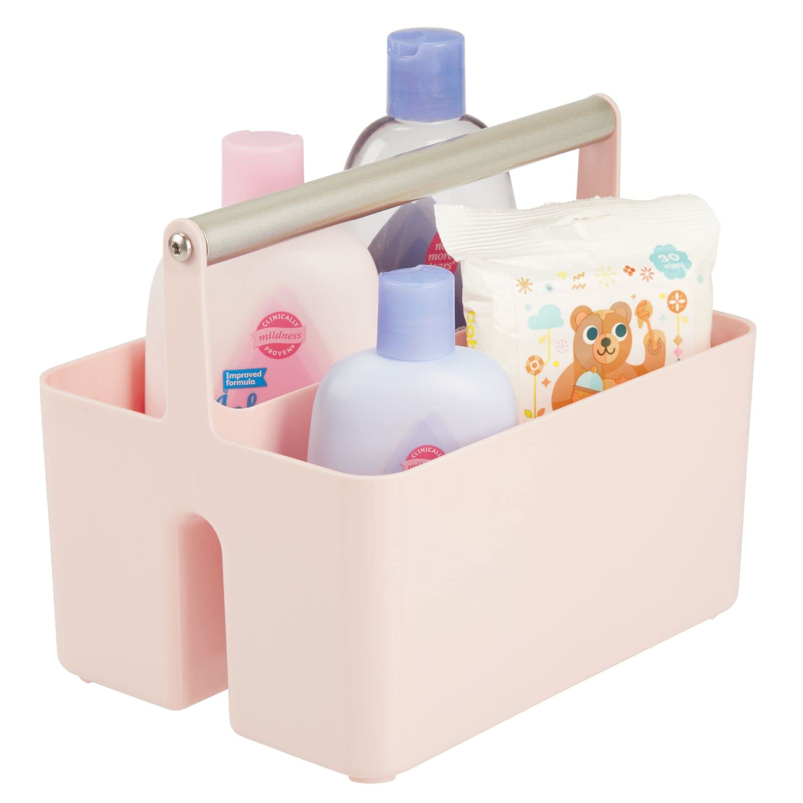 mDesign Plastic Shower Caddy Organizer with Metal Handle - Bathroom Storage Basket for Soap, Shampoo & Conditioner - Aura Collection in Light Pink/Satin - Perfect for Bathroom, Dorm & Kitchen Organization