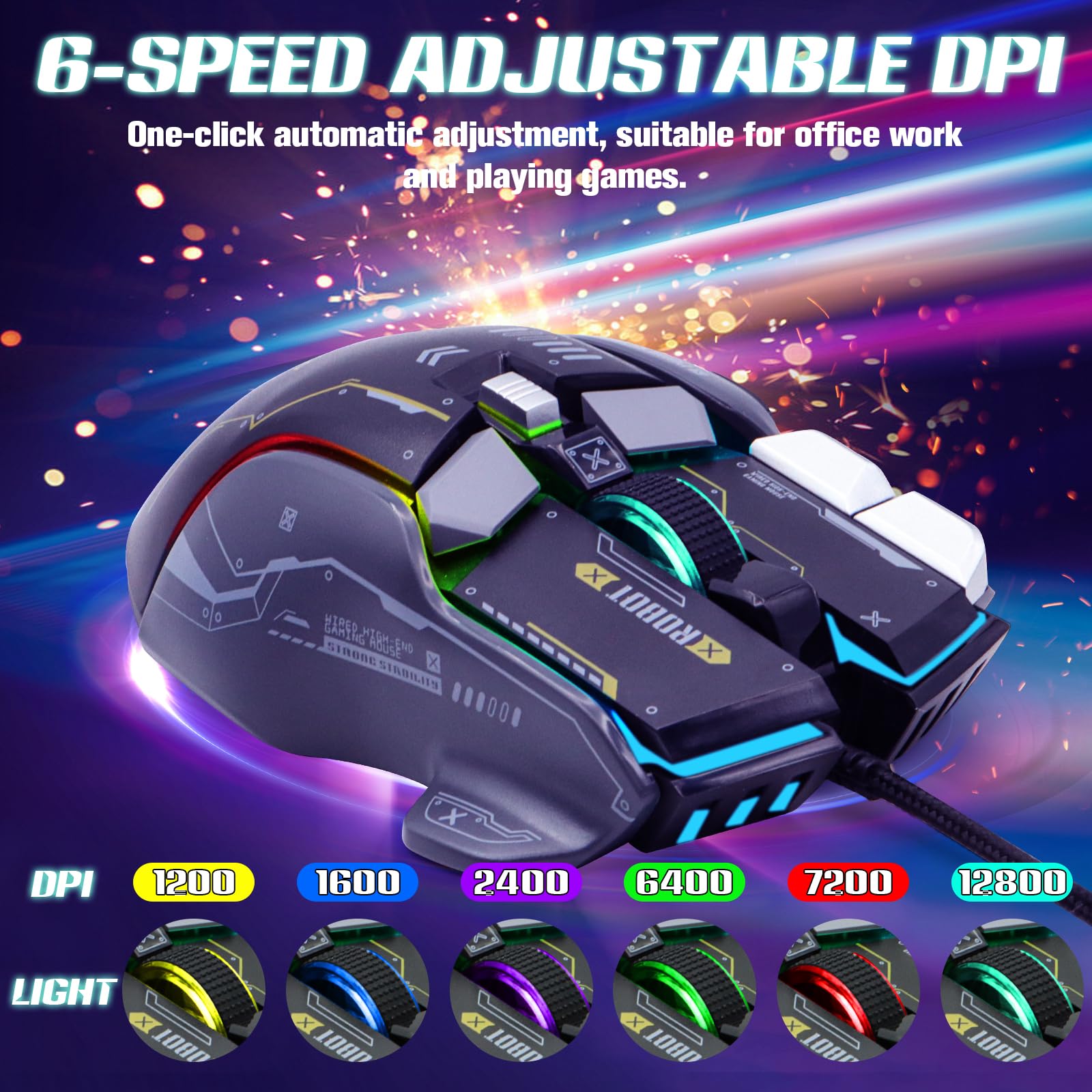 VEGCOO Wired Gaming Mouse - 12800 DPI High Precision Optical Mouse with 10 Programmable Buttons, RGB Lighting, Ergonomic Design for PC, Laptop, Mac - Perfect for FPS, MOBA Games & Office Work
