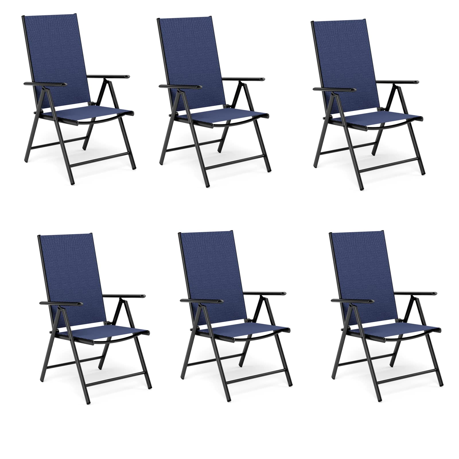 MFSTUDIO 6-Pack Folding Patio Chairs Set - Adjustable Outdoor Dining Chairs with Sling Back, Portable Blue Garden Chairs for Backyard, Lawn, Poolside & Camping (7-Level Height Adjustment) - Perfect for BBQs, Picnics & Outdoor Relaxation