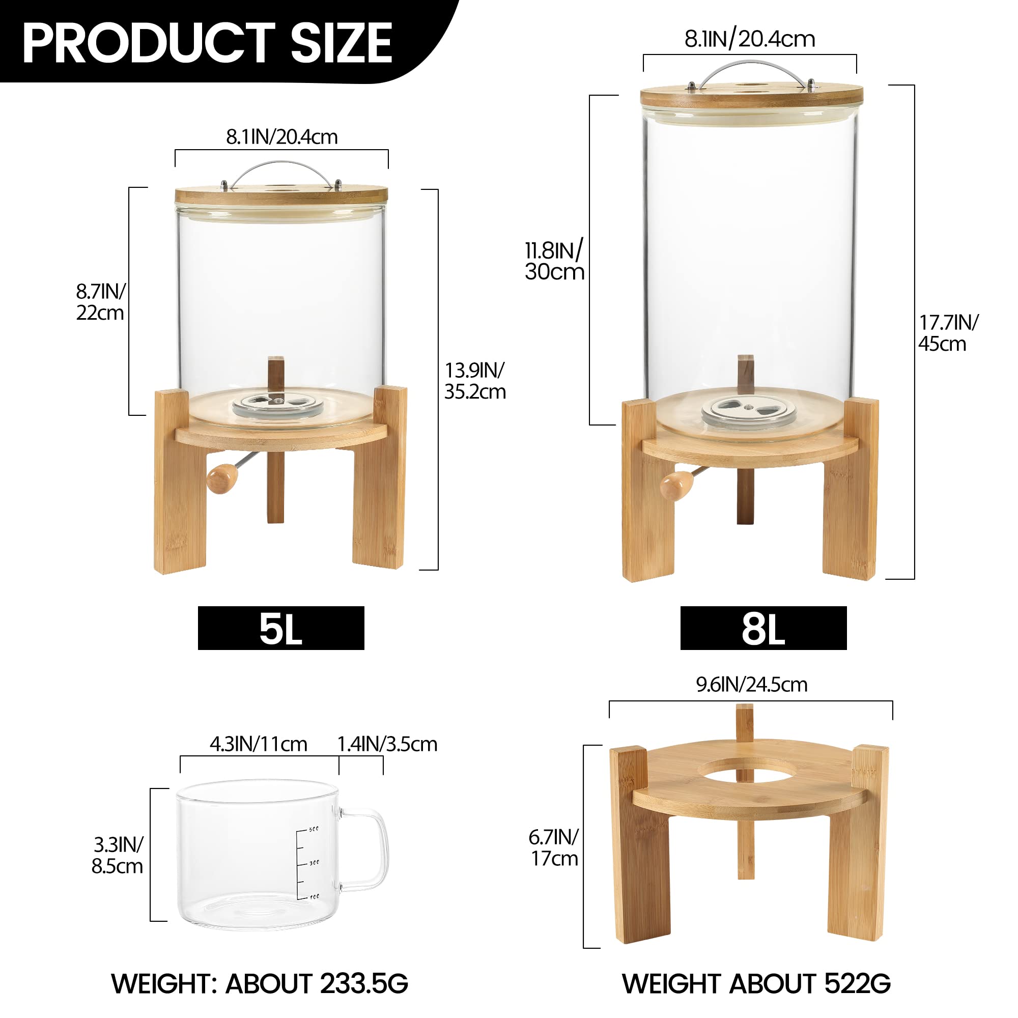 Premium 8L Glass Rice Dispenser & Food Storage Container with Airtight Lid & Wooden Stand - Ideal for Flour, Cereal, Grains - Perfect for Kitchen Organization & Pantry Storage - Great for Meal Prep, Baking & Bulk Food Storage