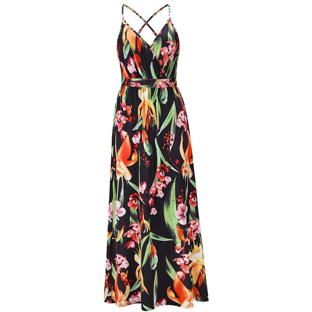 Bohemian Floral Print Women's Maxi Dress - V-Neck Spaghetti Strap Long Sling Dress for Beach Vacation, Summer Party & Casual Outings
