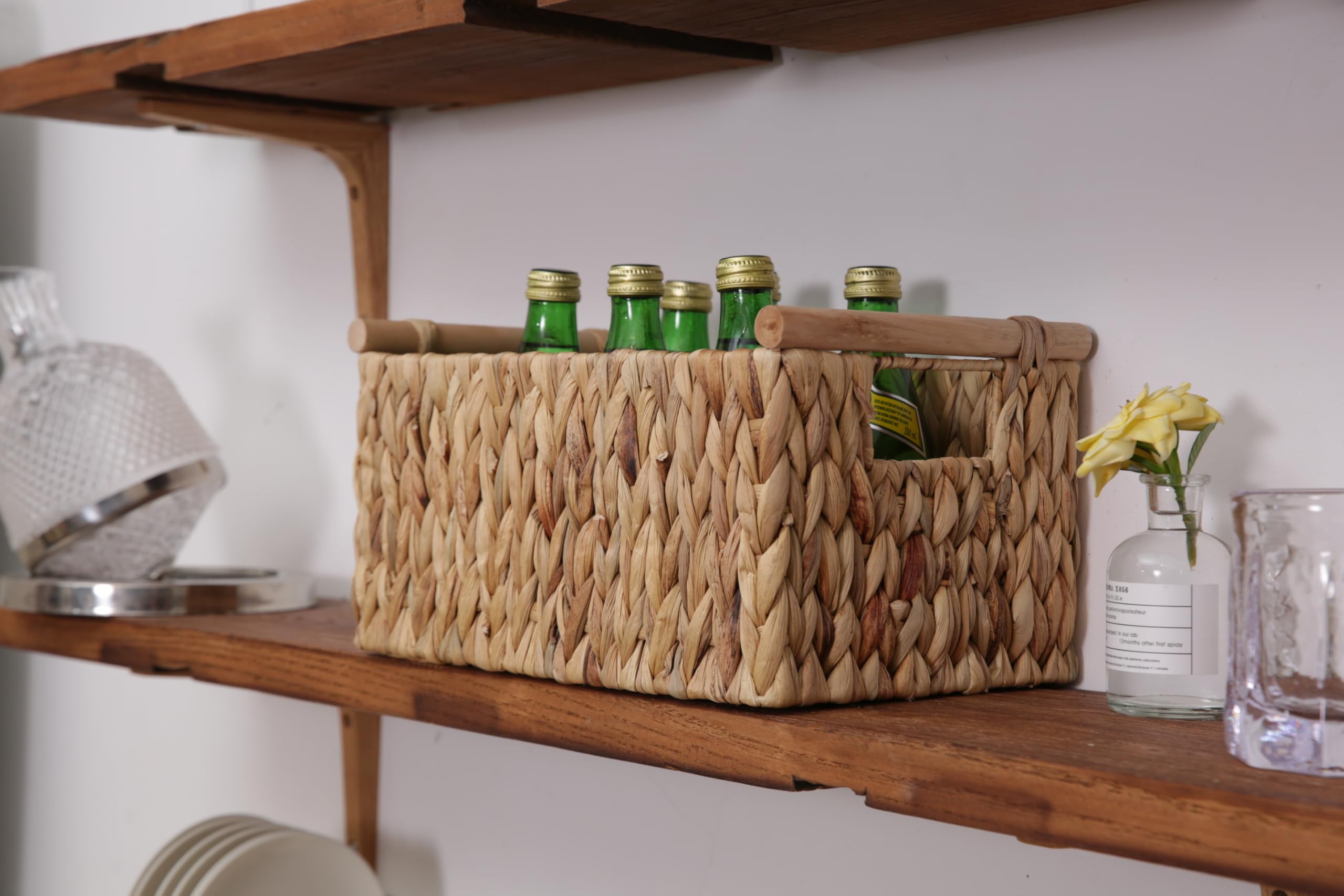 Natural Water Hyacinth Storage Basket with Handles - Large Woven Rattan Organizer for Shelves, Closet, Kitchen & Bathroom - Perfect for Home Decor, Toilet Tank Storage & Cabinet Organization