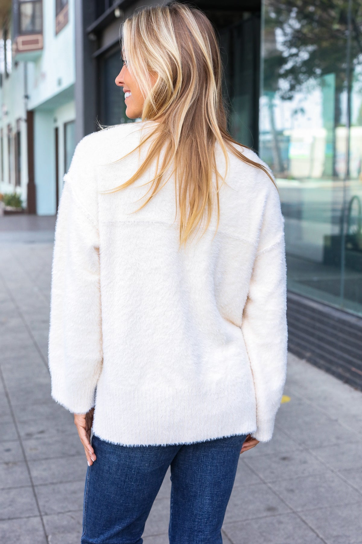 Classic Elegance Ivory Fuzzy Soft Knit Sweater for Women - Cozy Winter Pullover with Long Sleeves - Perfect for Casual Outfits, Office Wear & Holiday Gatherings