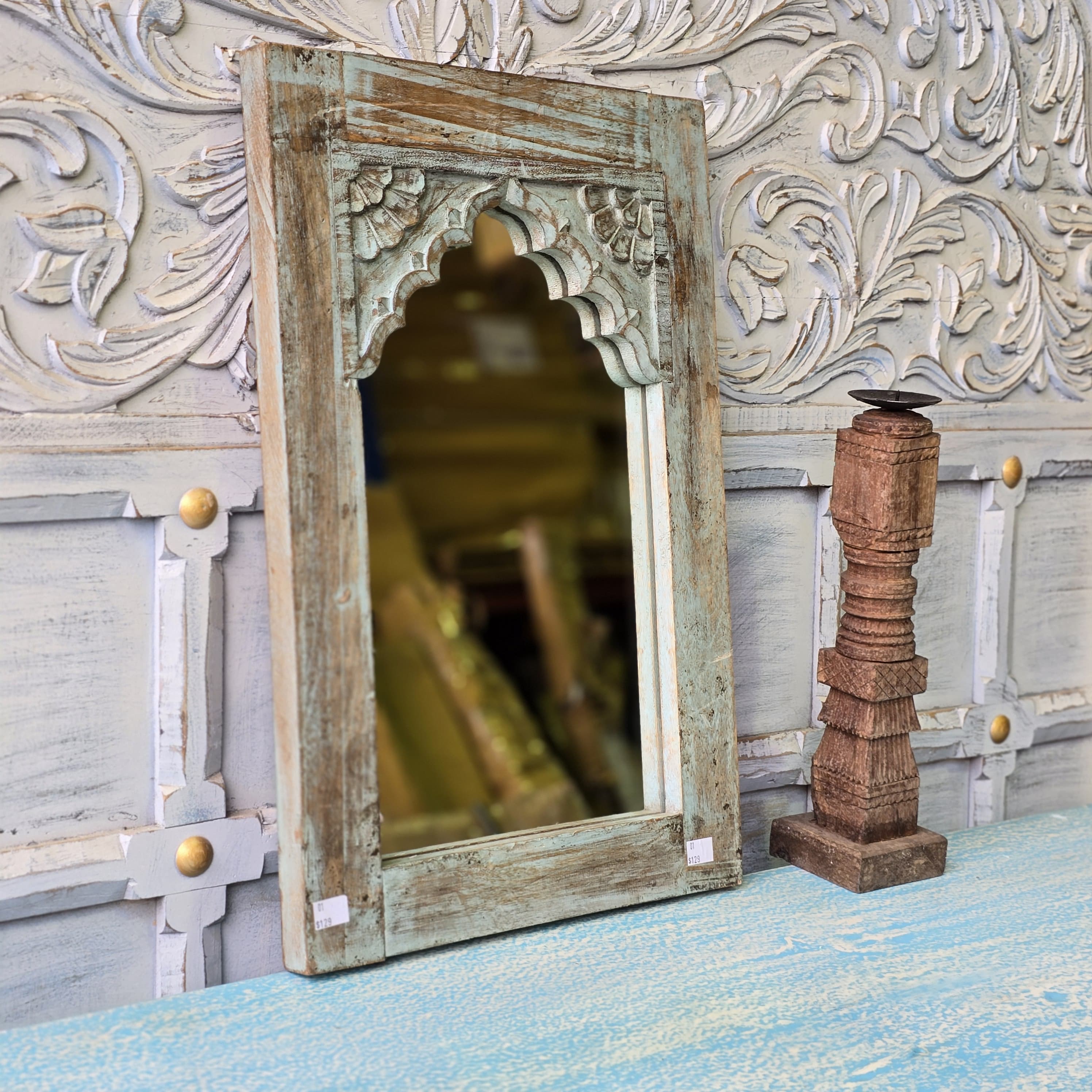Handcrafted Floral Carved Solid Wood Indian Furniture Mirror Frame - Rustic Wall Decor for Living Room, Bedroom & Entryway