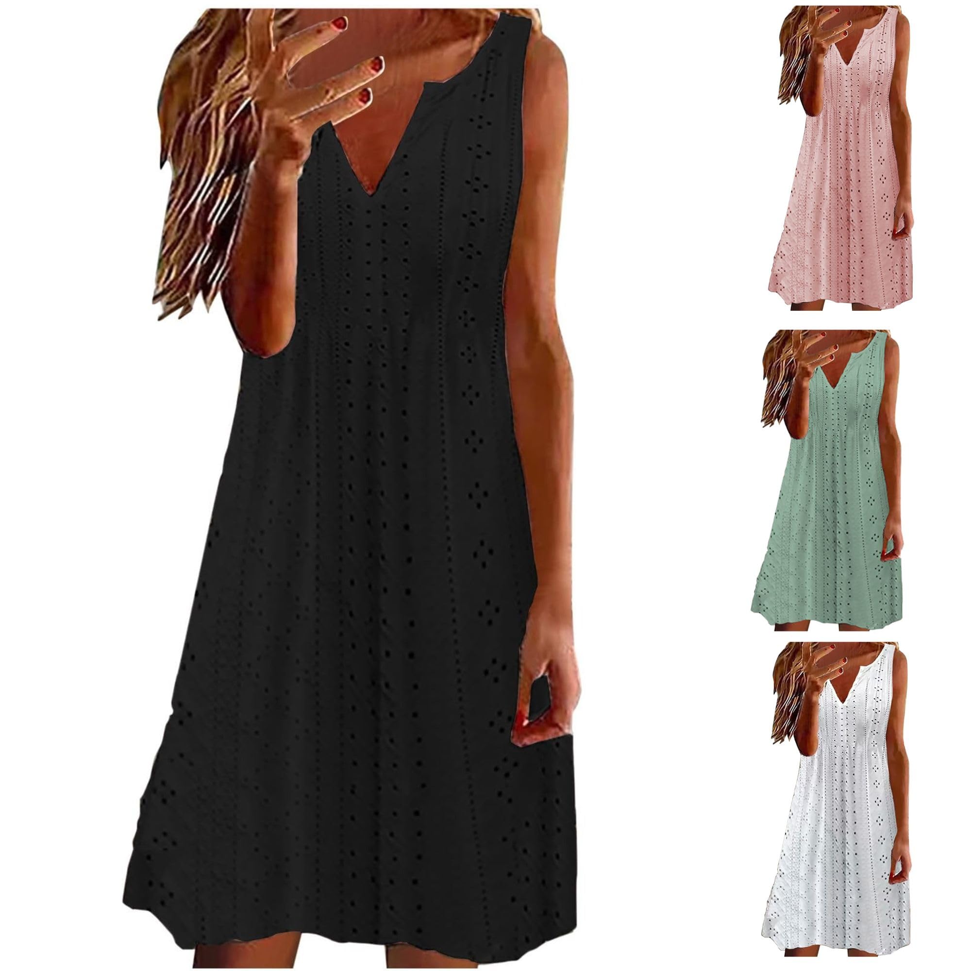 Trendy 2024 Women's Vacation Dresses - Sleeveless V-Neck Embroidery Eyelet Sundress for Beach, Summer & Travel | Coolbiz Casual Tank Dress in Solid Colors