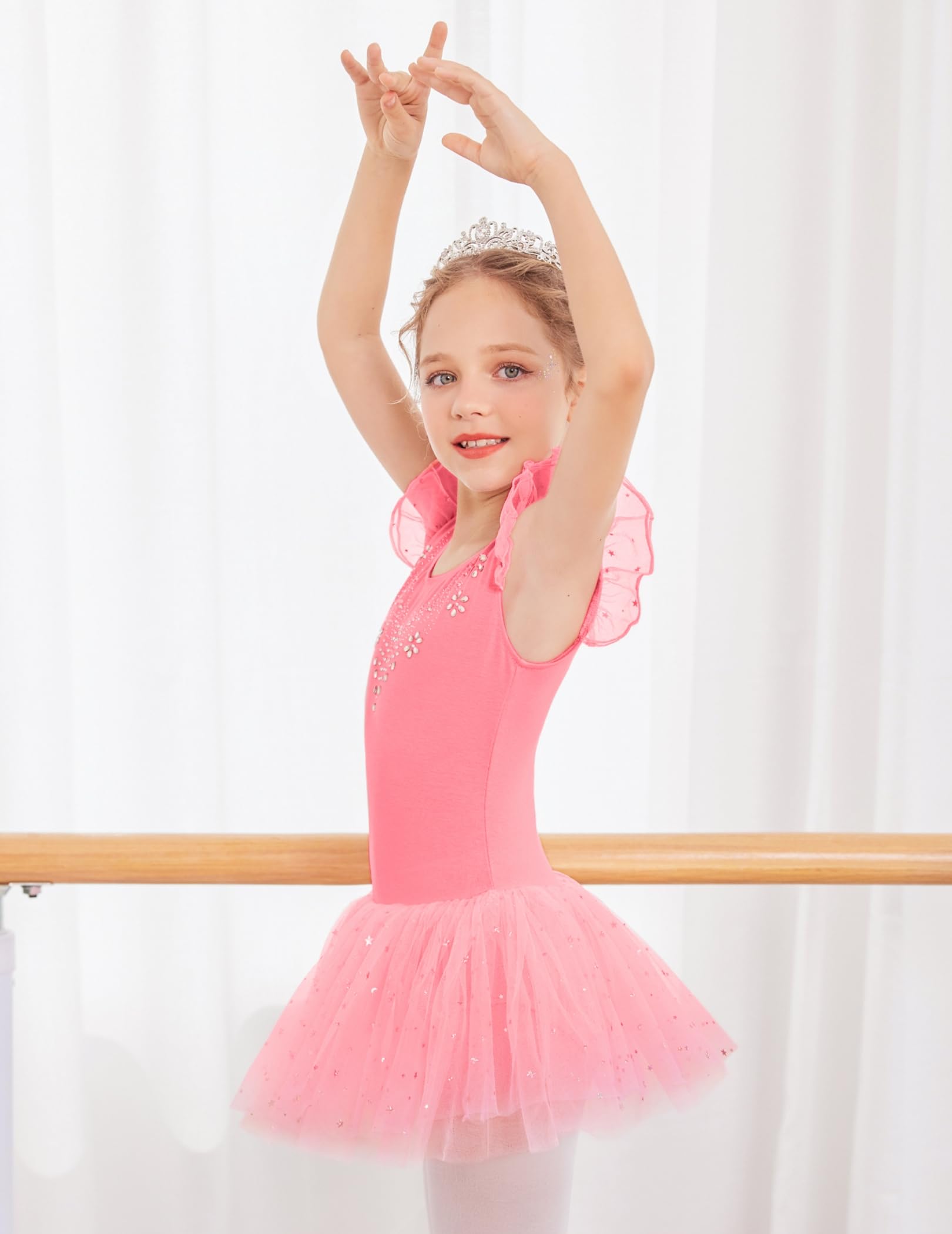 Girls Ballet Leotard with Shiny Sequin Tutu Skirt & Ruffle Sleeves - Ballerina Dance Dress for Recitals, Performances & Practice