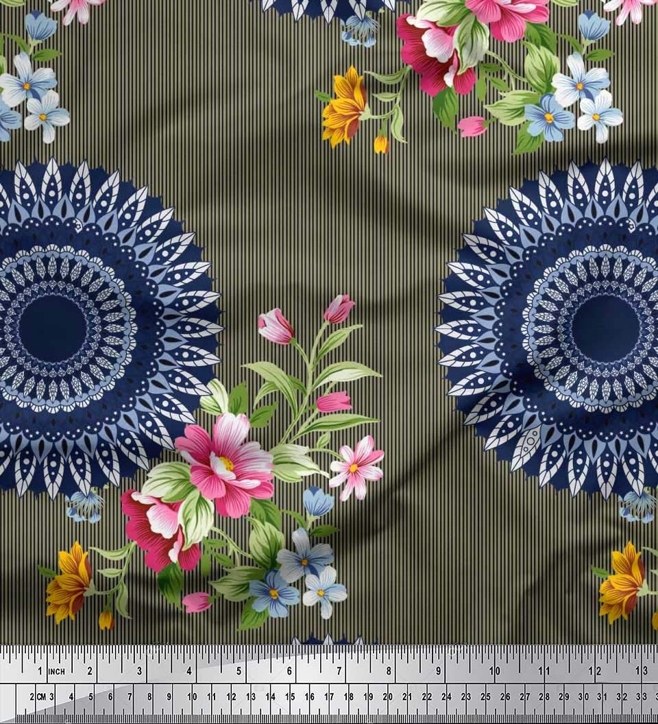 Soimoi Moss Georgette Brown Fabric by The Yard - 42 Inch Wide Printed Fabric with Stripe, Floral & Mandala Patterns - Contemporary Whimsical Design for DIY Sewing, Dresses, Curtains & Home Decor Projects