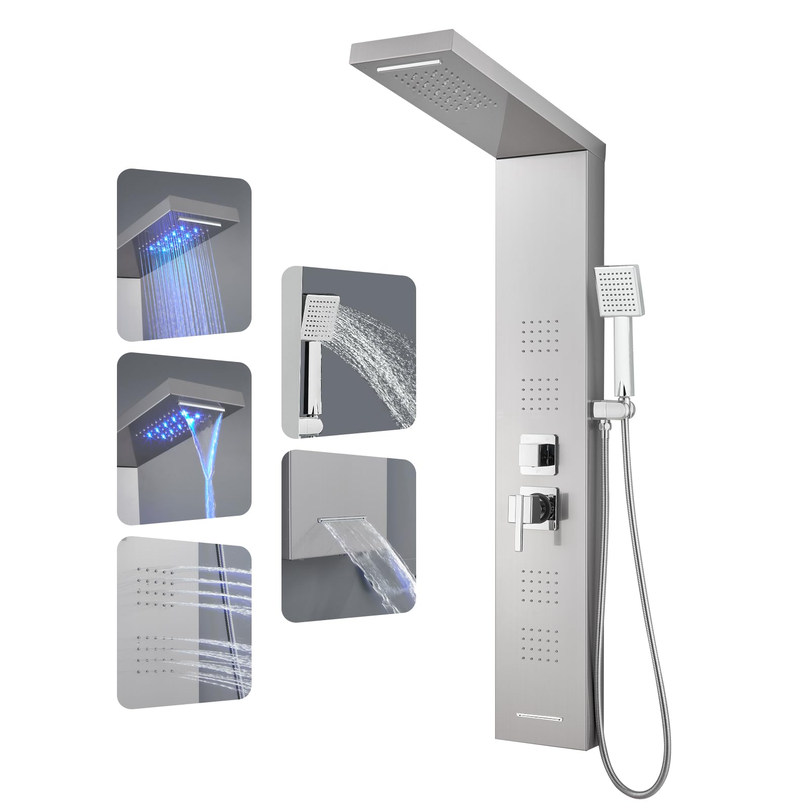 ROVOGO 5-Function LED Shower Panel Tower System with Rainfall Shower Head, 4 Body Jets, Handheld Spray & Tub Spout - Brushed Stainless Steel for Luxurious Bathroom Spa Experience