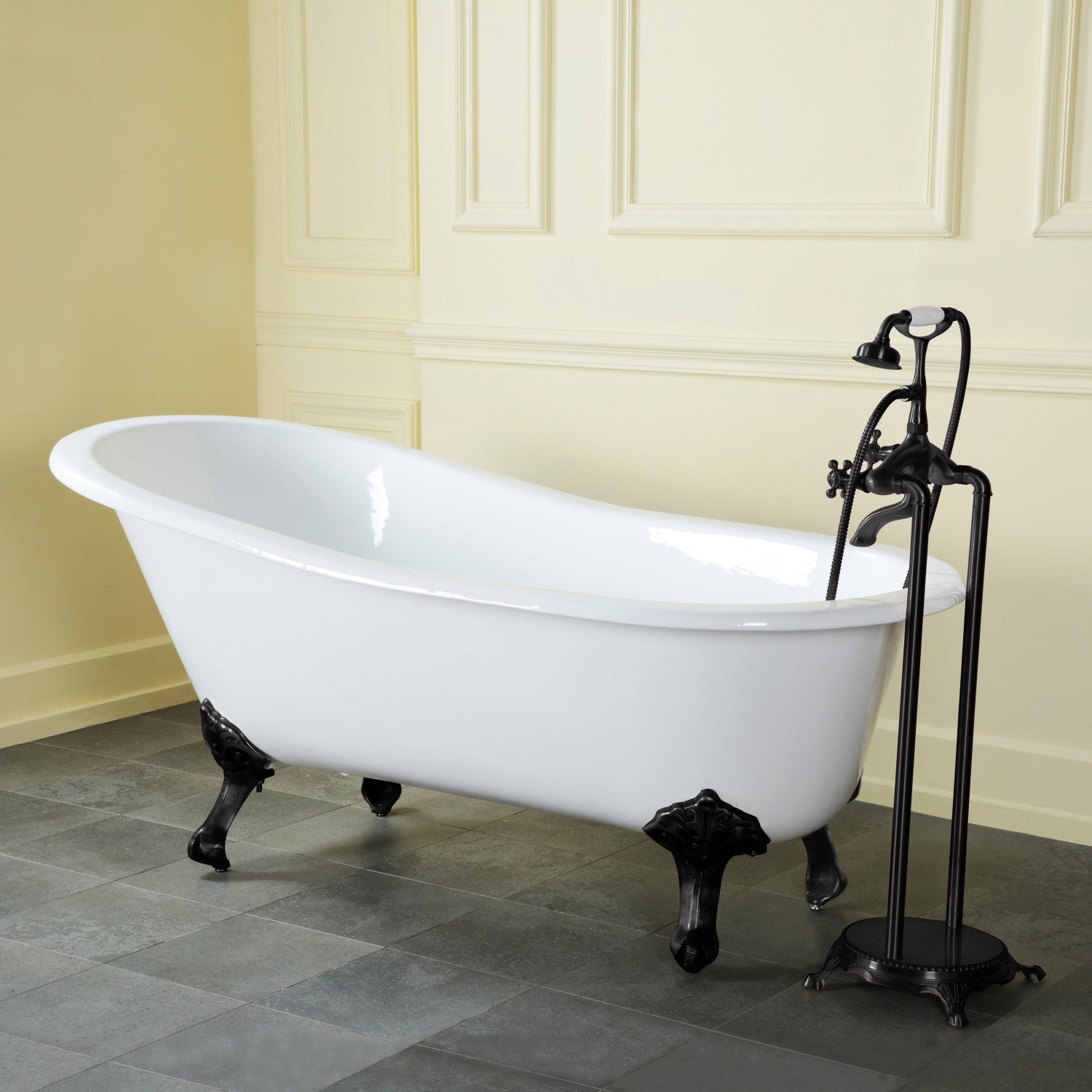 Aqua Eden 61 Inch White Matte Black Cast Iron Oval Single Slipper Clawfoot Bathtub - No Faucet Drillings | Vintage Freestanding Soaking Tub for Bathroom Remodel & Luxury Spa Retreat