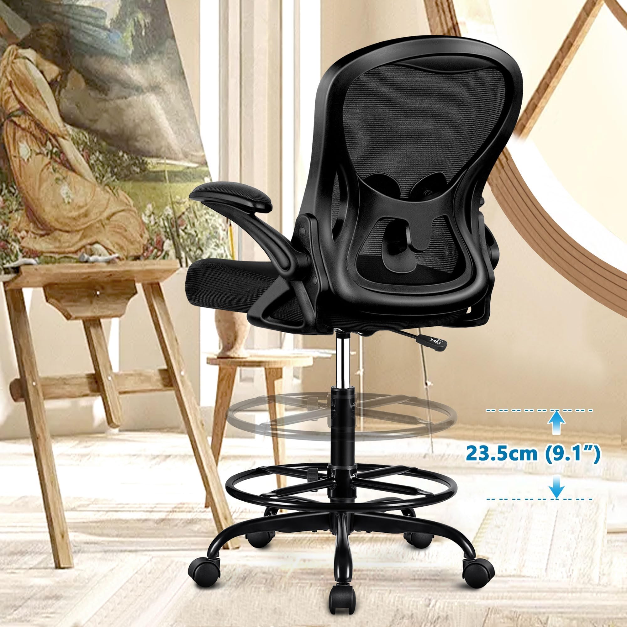 Ergonomic Drafting Chair - Adjustable Height Office Chair with Lumbar Support, Swivel & Rolling Base, Flip-Up Armrests & Foot Ring for Standing Desk - Black | Perfect for Architects, Artists, Home Office & Computer Workstations