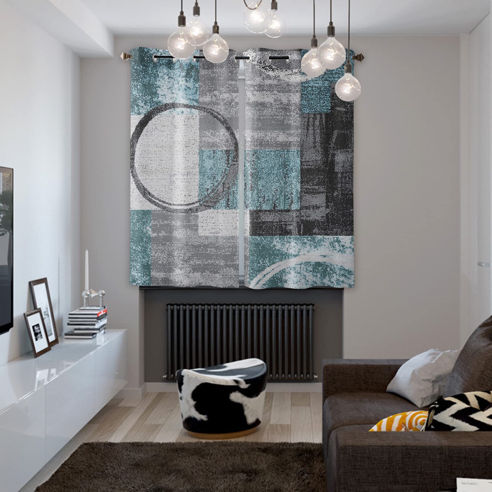Vintage Blue and Black Window Curtains 90 Inches Long - Mid Century Modern Abstract Country Grey Grommet Drapes (Set of 2 Panels) for Kitchen, Cafe, Living Room, Bedroom & Laundry Room - Perfect for Farmhouse, Boho & Retro Home Decor