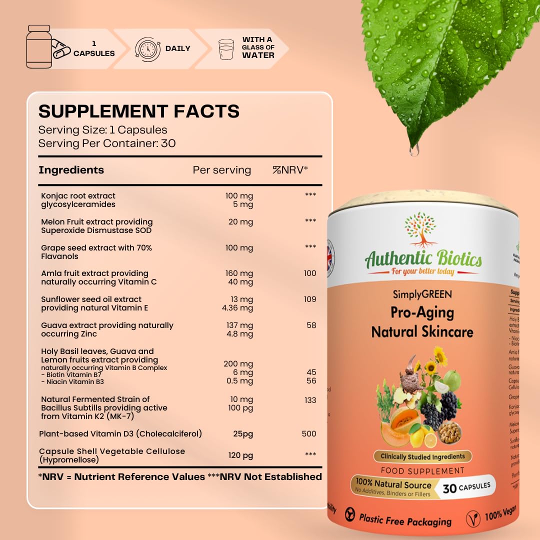 Authentic Biotics Vegan Collagen Booster Capsules with Konjac Root & Melon Extract (SOD) | Supports Skin Health, Reduces Rosacea & Pigmentation | Promotes Hair Growth | 1 Month Supply | Ideal for Daily Beauty Routine & Anti-Aging Care