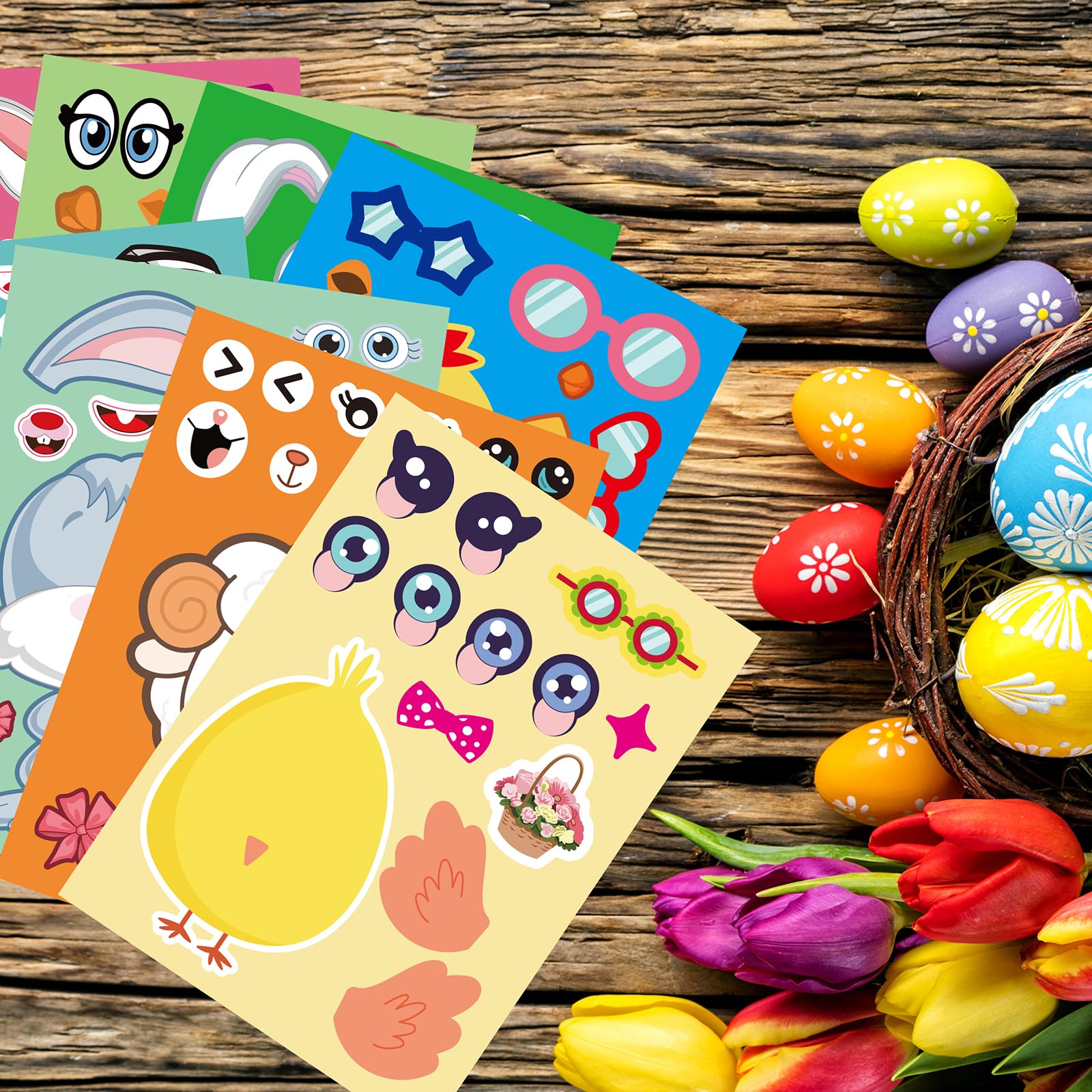 24pcs Easter Stickers for Kids - DIY Make-a-Face Easter Egg Stickers with Farm Animals, Rabbits, Chicks & Sheep - Fun Classroom Activities, Party Favors & Easter Gifts for Children, Family & School Use - Perfect for Easter Egg Hunts, Classroom Rewards & Holiday Crafts