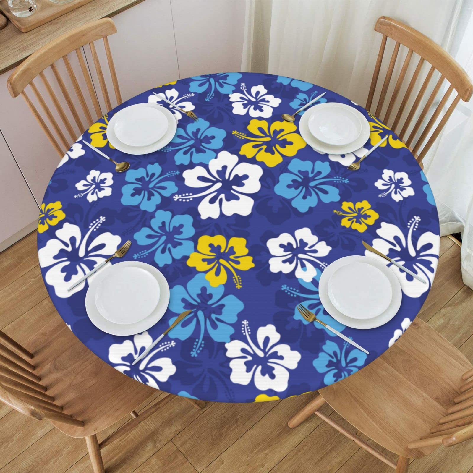 Hibiscus Flower Print Waterproof Round Tablecloth - Durable & Stylish Table Cover for Indoor/Outdoor Dining, Parties, and Picnics
