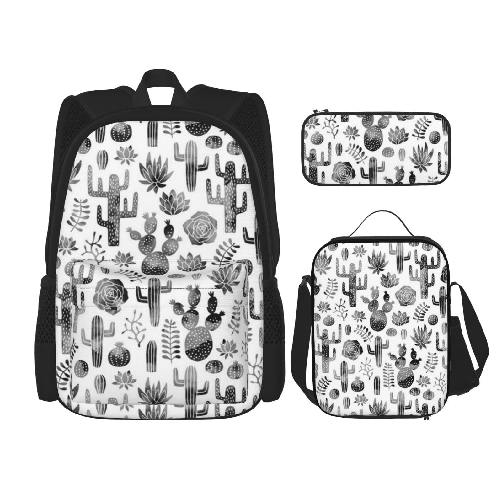 Stylish 3-Piece Cactus Succulent Black Watercolor Backpack Set - Durable Book Bag, Pencil Case & Lunch Bag Combo for School, Work, Travel & Camping | Perfect for Men, Women, Boys & Girls | Water-Resistant & Lightweight for Daily Use