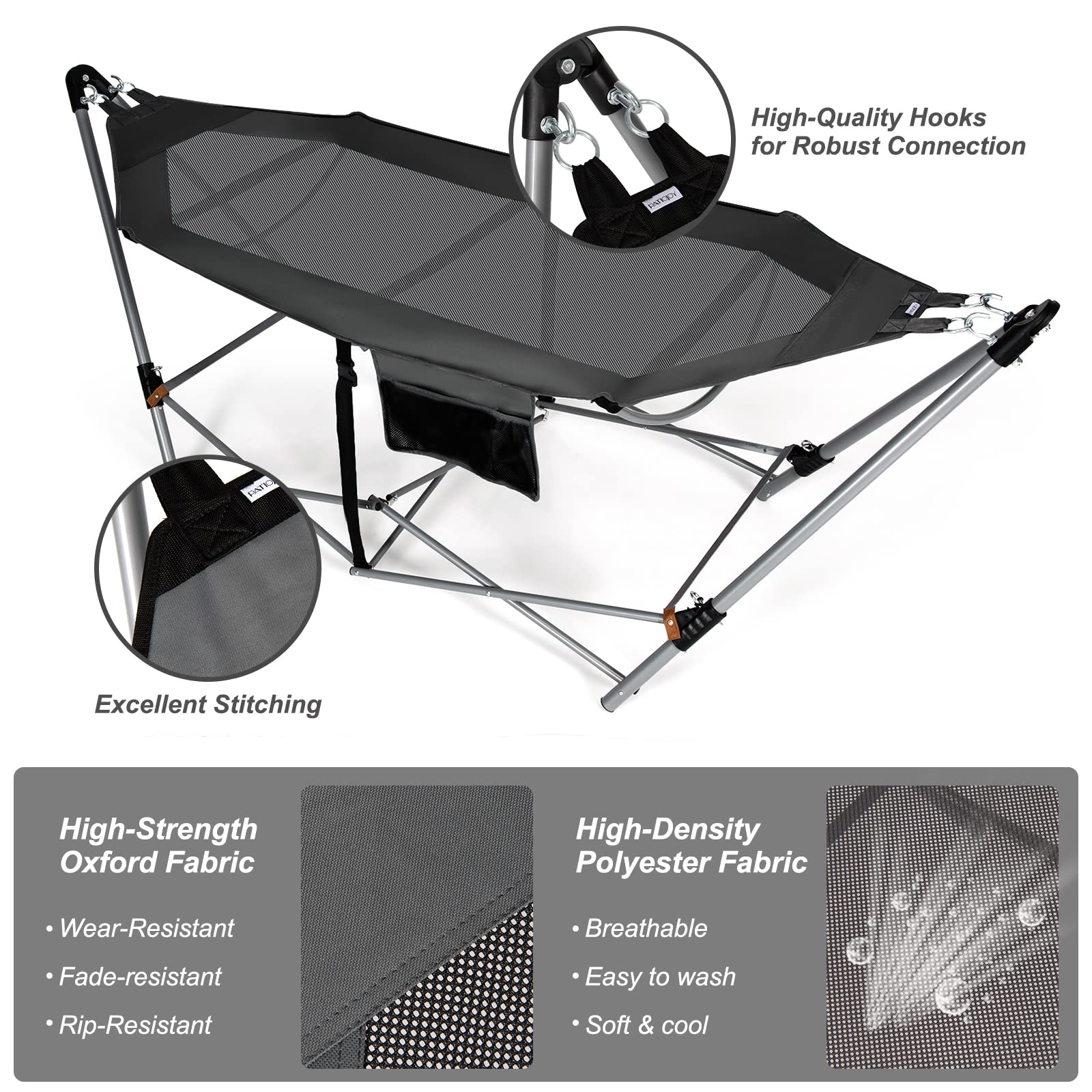 Giantex Portable Folding Hammock with Stand - Lightweight Camping Bed for Indoor & Outdoor Use, Patio Yard Beach Lounge with Side Pocket & Anti-Tip Buckles, Durable Iron Frame (Grey) - Perfect for Camping, Backyard Relaxation, Beach Vacations and Outdoor Adventures