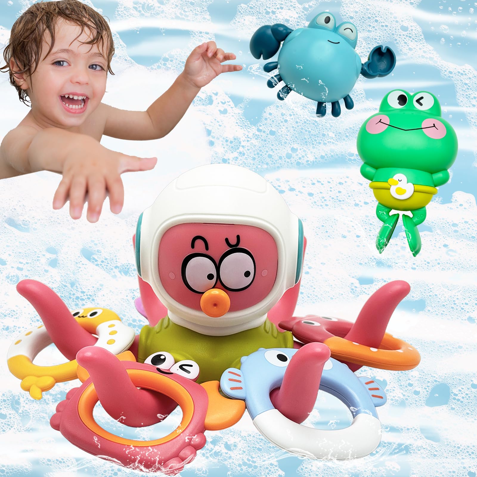 LYEBAOHAO Baby Bath Toys - Floating Octopus with 5 Animal Hoopla Rings & 2 Wind-up Swimming Toys | Fun Bathtub & Pool Water Toys for Toddlers, Infants, Boys & Girls | Perfect Gift for Bath Time, Splash Play & Learning Colors