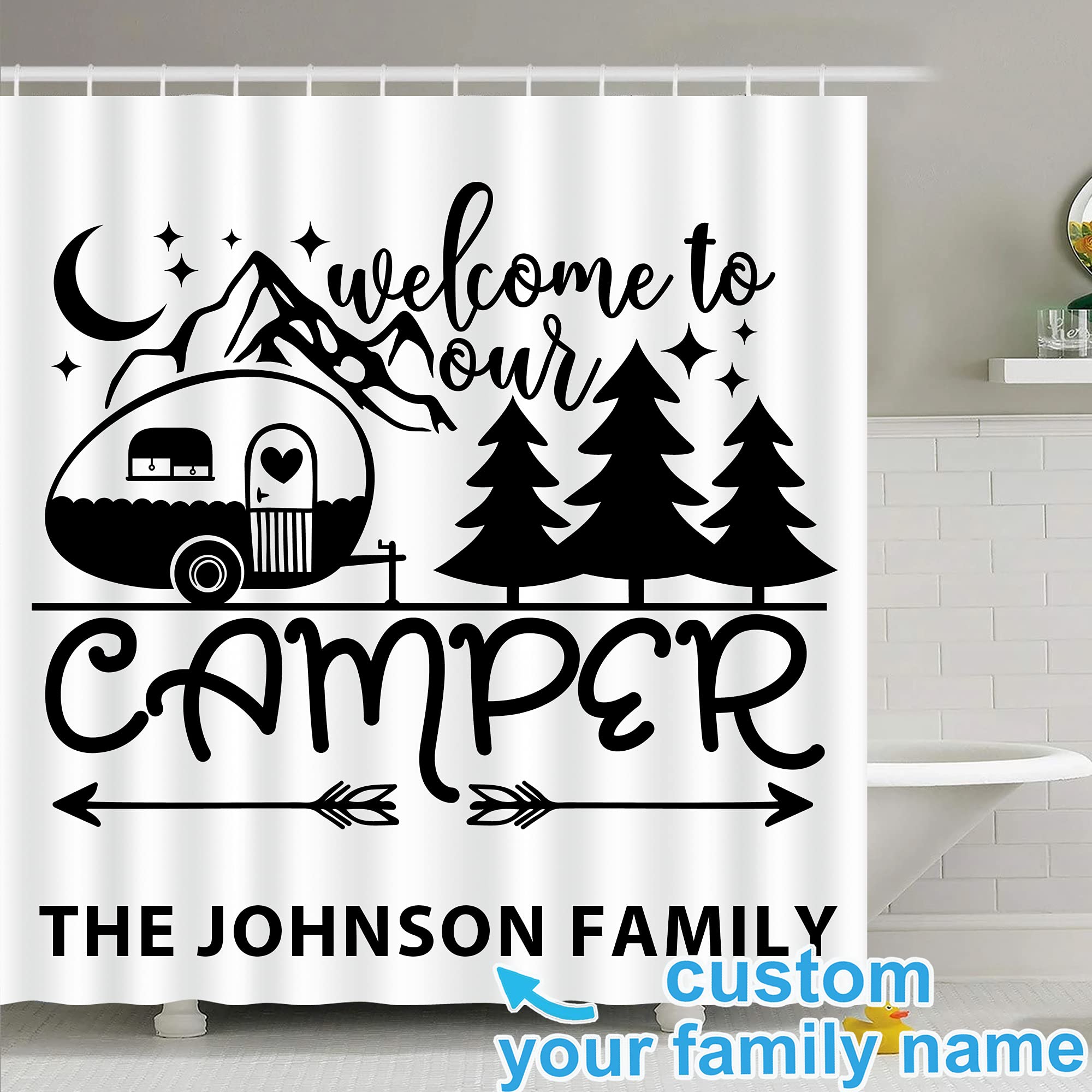 Custom RV Shower Curtain with Name - Happy Camper Decor for Travel Trailers & Camping Fun