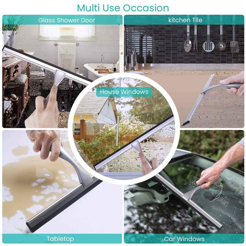 14 Inch Stainless Steel Shower Squeegee with Hook & 6.8 Inch Handle - Multi-Purpose Cleaner for Shower Doors, Mirrors, Car Windows & Bathroom Glass - Perfect for Quick Cleaning & Streak-Free Shine