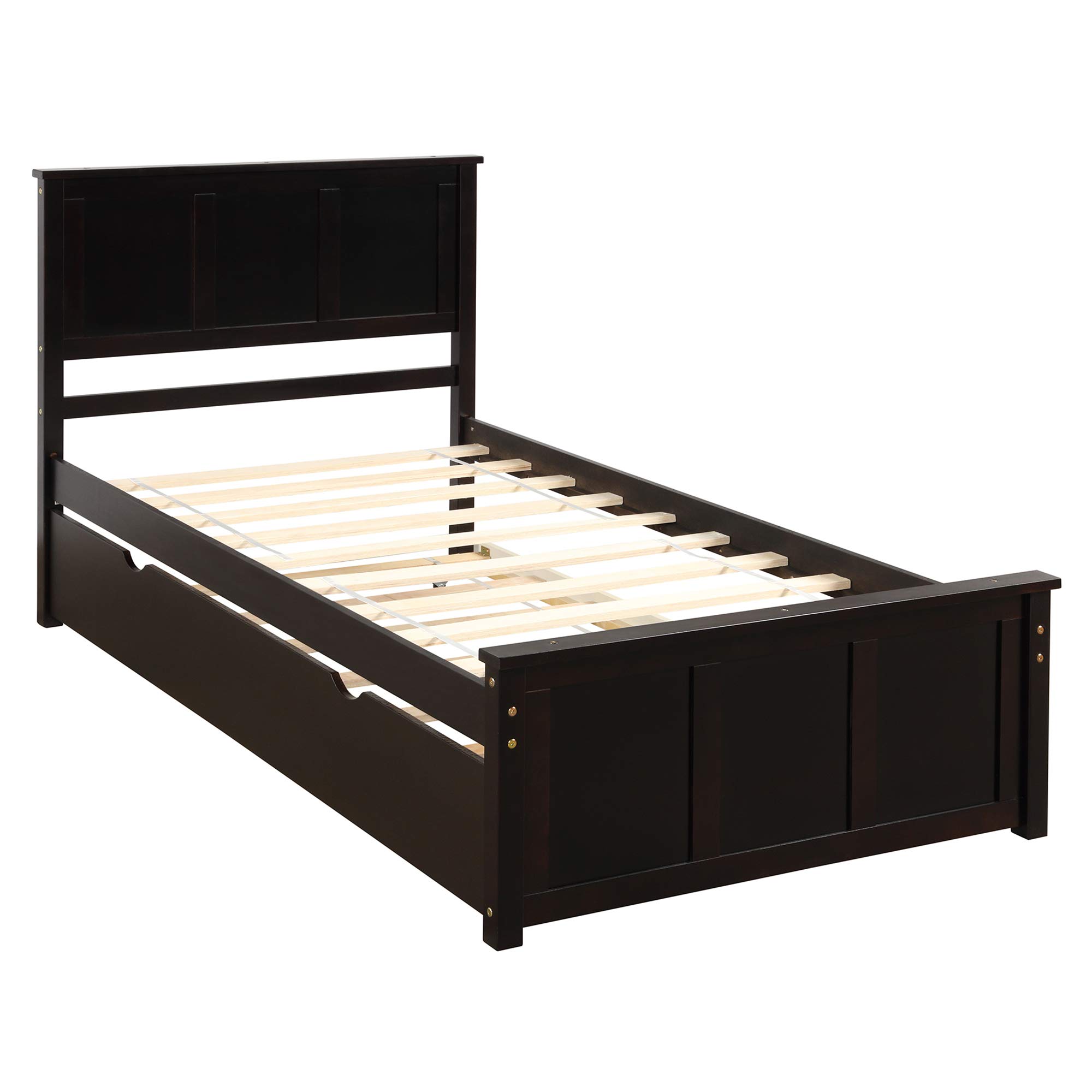 P PURLOVE Twin Size Wooden Platform Bed Frame with Headboard & Trundle Bed - Espresso Storage Bed for Kids, Teens & Guest Rooms | Space-Saving Bedroom Solution