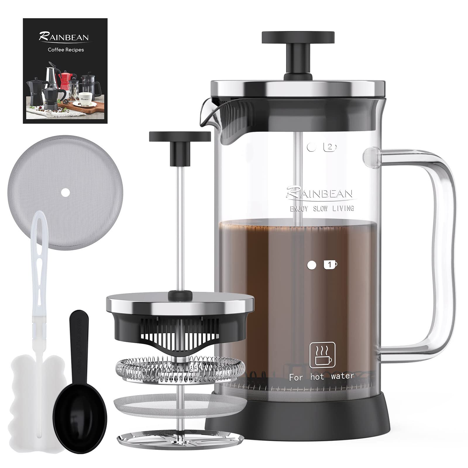 1 Cup Mini French Press Coffee Maker - 12 oz (350ml) Portable Camping Coffee Press with Stainless Steel Filter, Spoon & Brush - Perfect for Travel, Office & Home Brewing