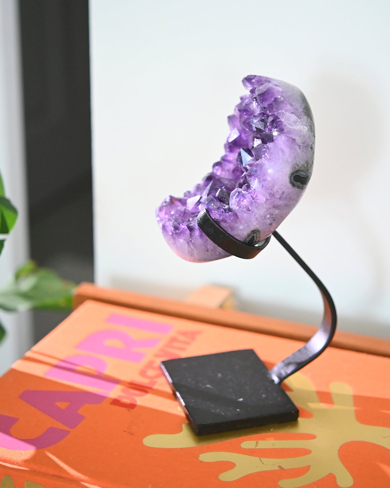 Natural Amethyst Crystal Geode on Wooden Stand - 3.3lbs Healing Stone for Home Decor, Meditation & Spiritual Gifts